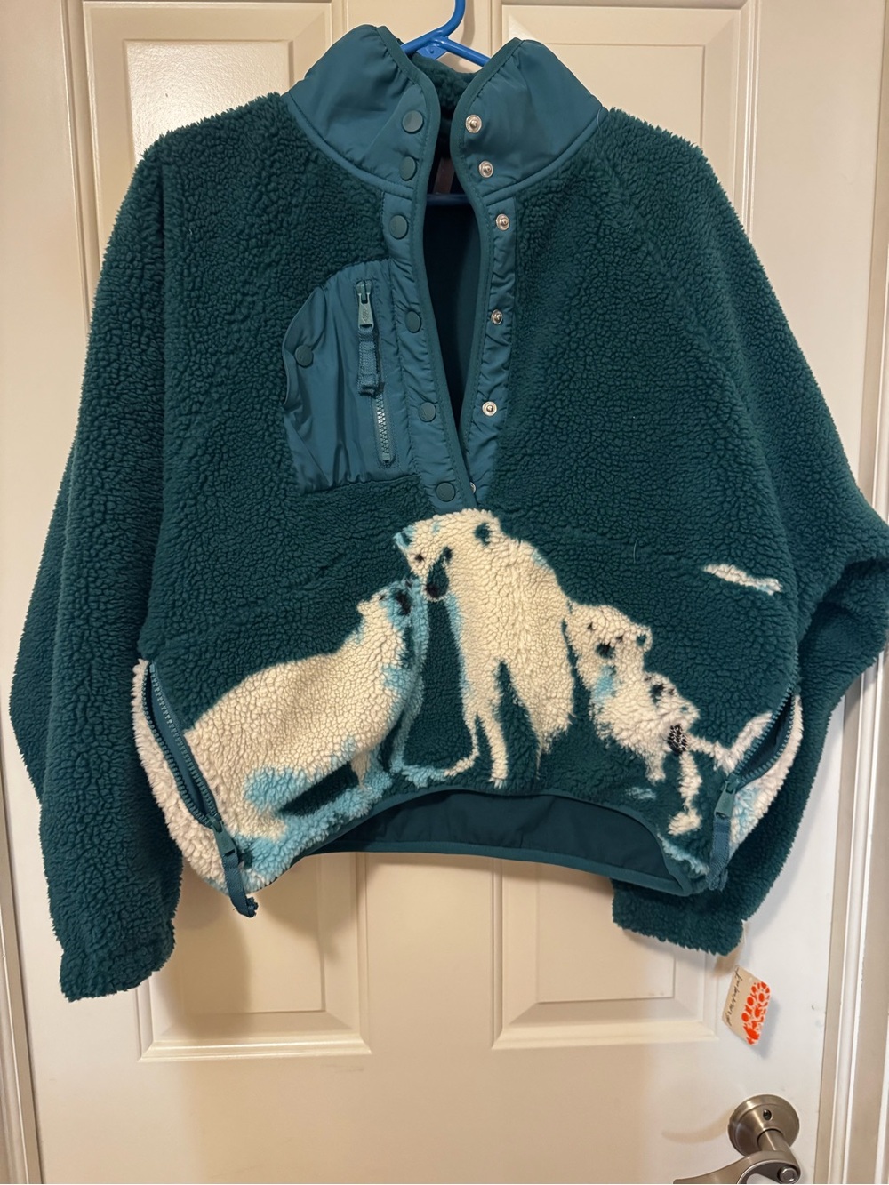 FP Movement by Free People Teal Sherpa Pullover with Cream Polar Bear Motif